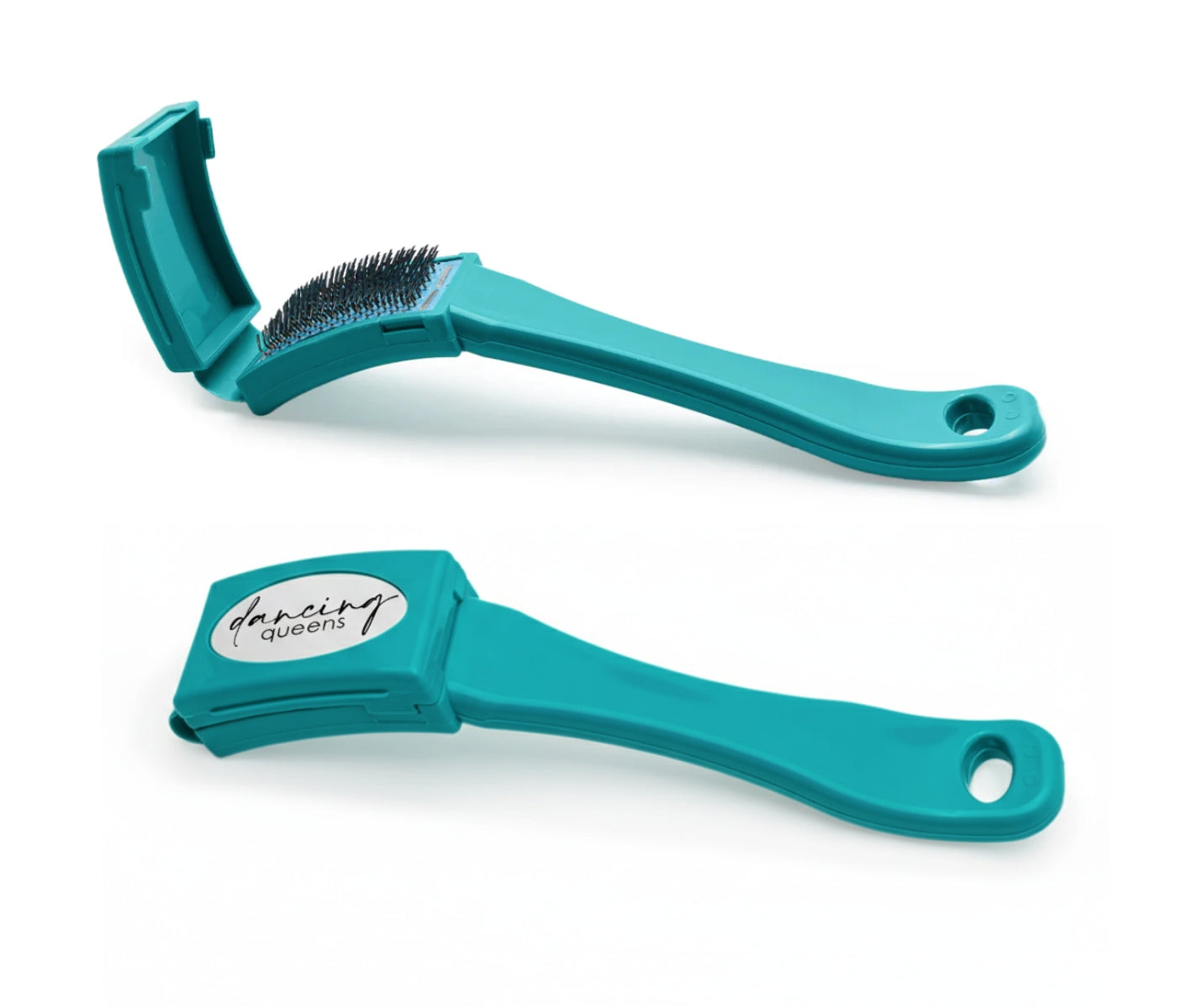 Zwei tealfarbene Dancing Queens Aufraubürste, eine davon offen mit Borsten, auf weißem Hintergrund.